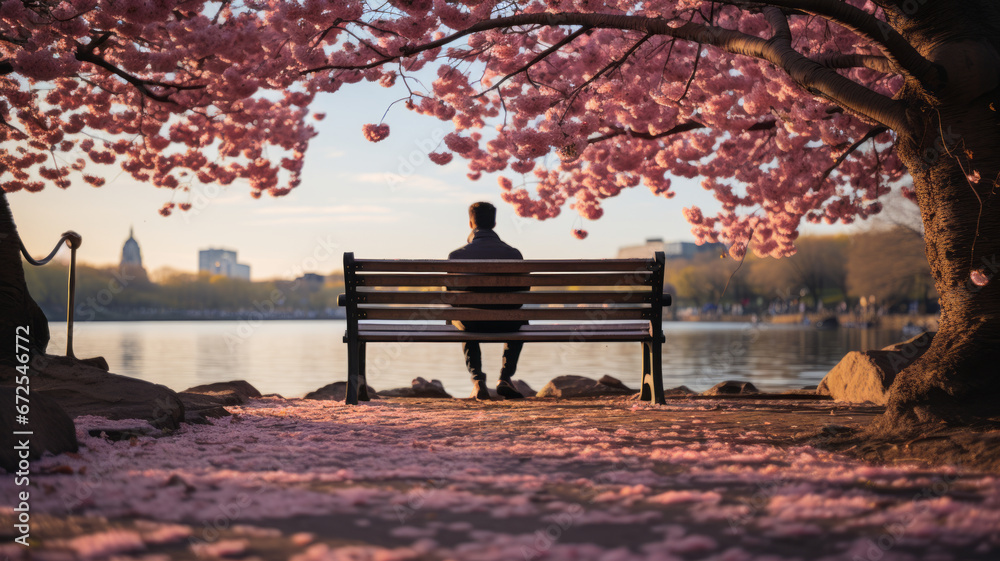 under a cherry blossom tree, a person sits alone on a bench, lost in thought.generative ai