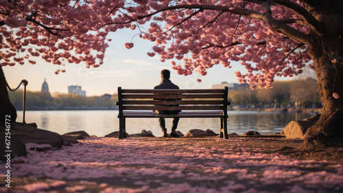 under a cherry blossom tree, a person sits alone on a bench, lost in thought.generative ai photo