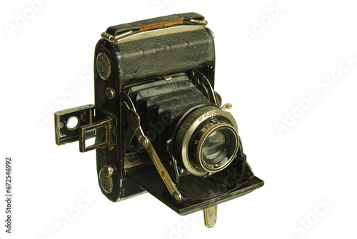 Folding film retro camera with sliding bellows. Isolated on white. photo