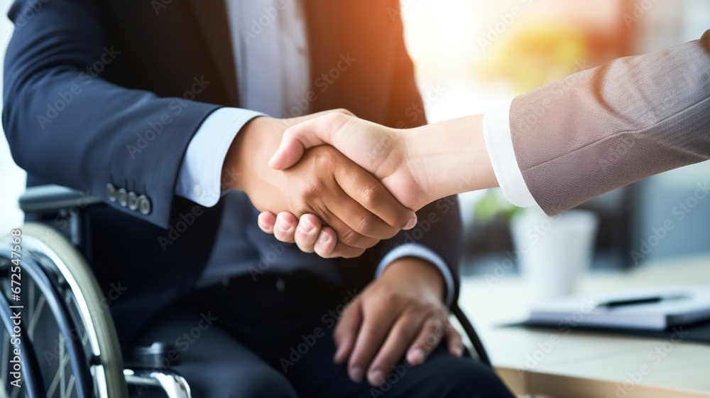 Disabled job candidate in a wheelchair shaking hands with a employer