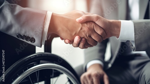 Disabled job candidate in a wheelchair shaking hands with a employer. Inclusive and equal opportunities in the workplace photo