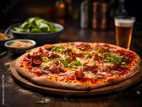 Feurigen Diavolo-Pizza, präsentiert neben einem Craft Beer.