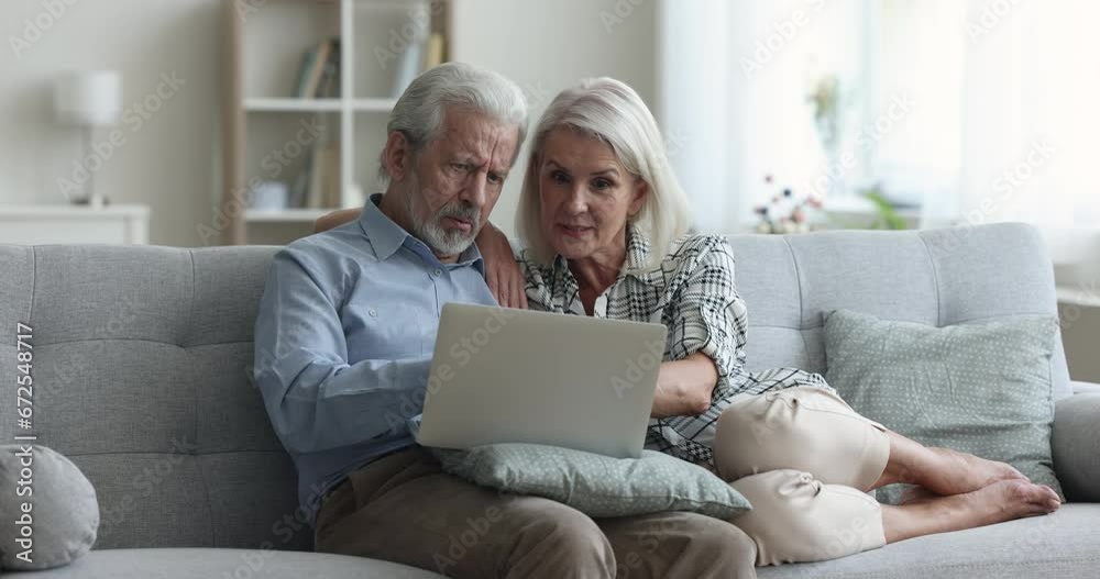 Serious senior old married couple using laptop together on couch, pointing at display, discussing content, getting happy, excited, making winner yes hand gesture, laughing, smiling,