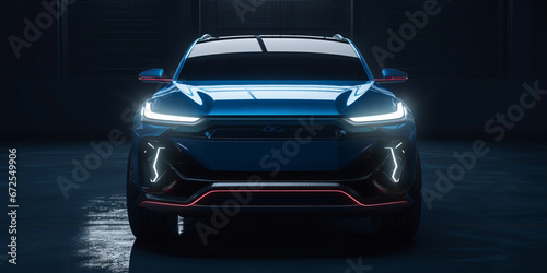 A mid sized blue tone electric city SUV that has red led running through the center line © JKLoma