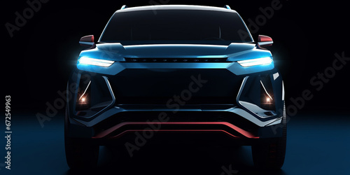 A mid sized blue tone electric city SUV that has red led running through the center line © JKLoma