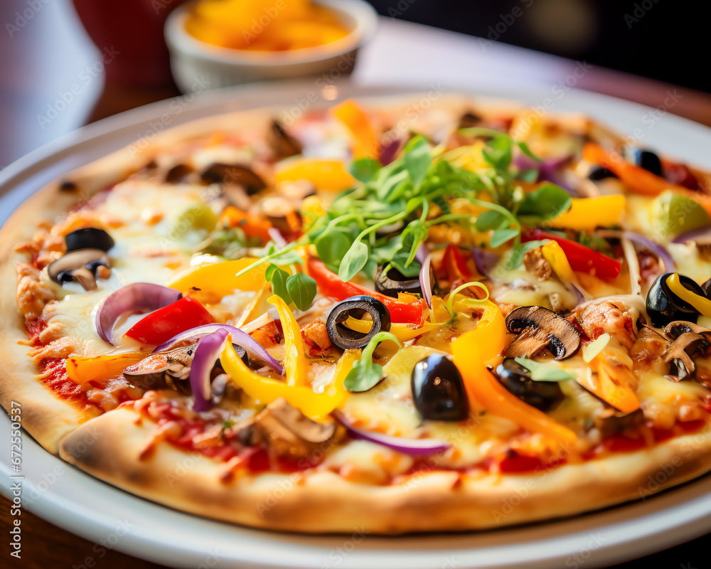 Vegetarische Pizza mit einer Fülle von Gemüse und Käse, sorgfältig arrangiert auf einem eleganten weißen Porzellanteller