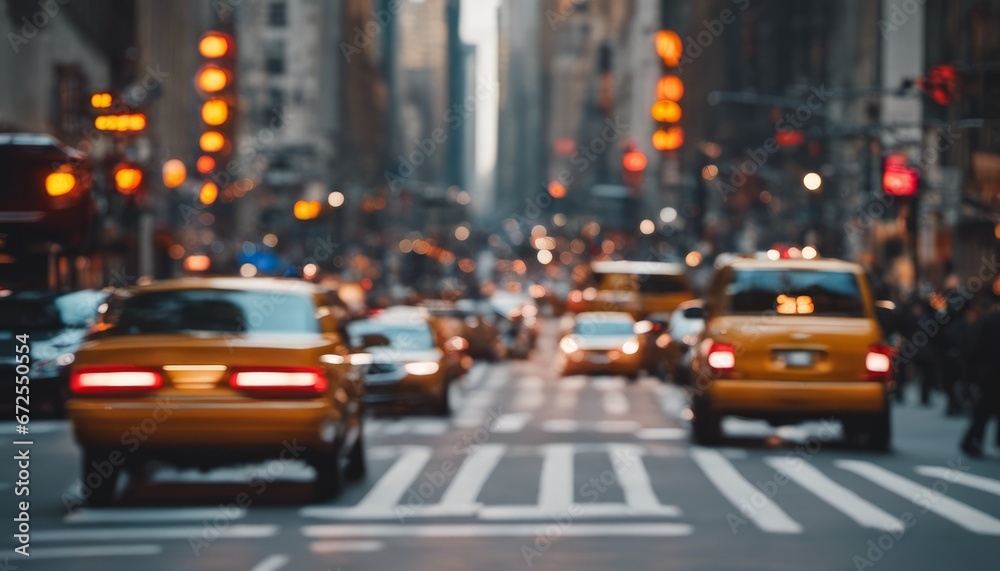 Vehicles zooming by with a streaking effect. A busy urban setting in the heart of Manhattan.