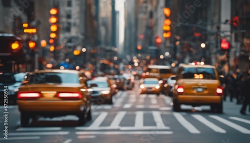 Vehicles zooming by with a streaking effect. A busy urban setting in the heart of Manhattan.