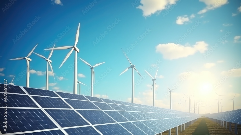 Solar panels and wind turbines generating electricity. Power station green energy renewable with blue sky background Generative Ai Solar panels and wind turbines generating electricity. Power station green energy renewable with blue sky background Generative Ai