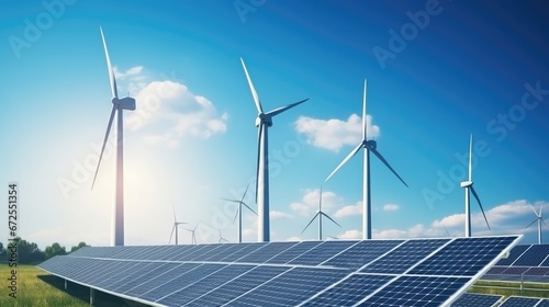 Solar panels and wind turbines generating electricity. Power station green energy renewable with blue sky background Generative Ai