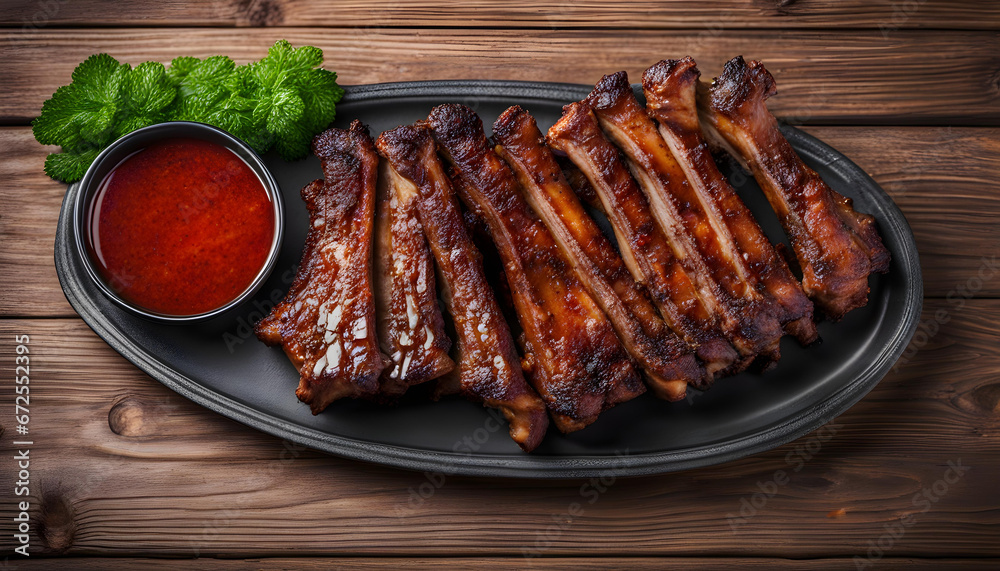 Grilled pork ribs with parsley and hot sauce on the wooden background