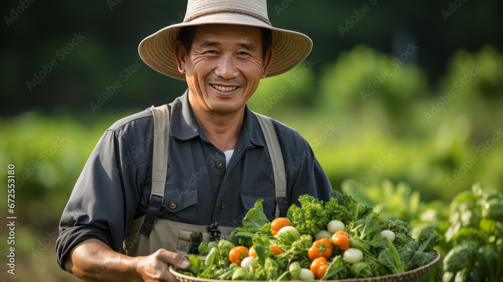 farmer giving thumbs up with vegetables in the field, Happy, Smiling