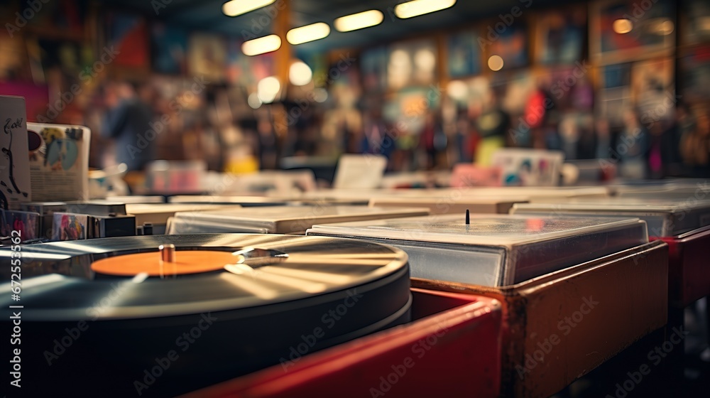Inside an old record or vinyl shop. A music store with 1970s feel. Extremely shallow depth of field - obrazy, fototapety, plakaty 
