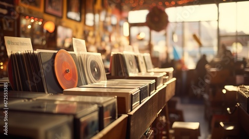 Inside an old record or vinyl shop. A music store with 1970s feel. Extremely shallow depth of field photo
