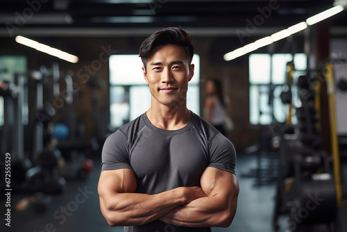 Muscular man posing in gym backdrop