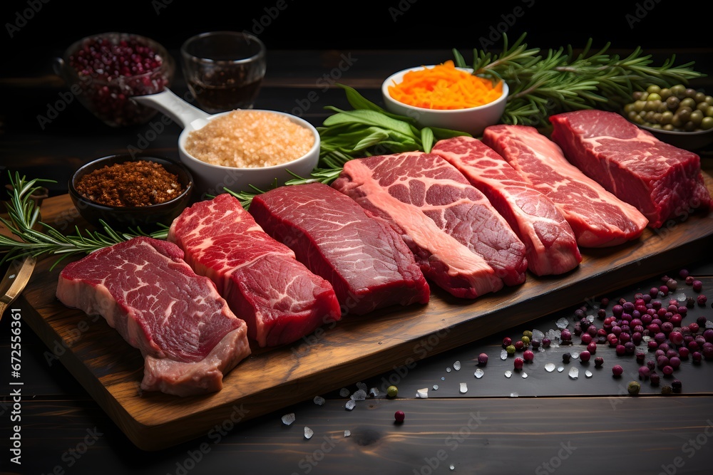 Fresh and Premium-Quality Meat with rosemary and salt on wooden table.