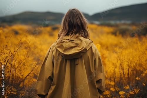 Back View Female in Yellow Raincoat Amidst High Grass in Autumn. Adventures in Dramatic Mood.