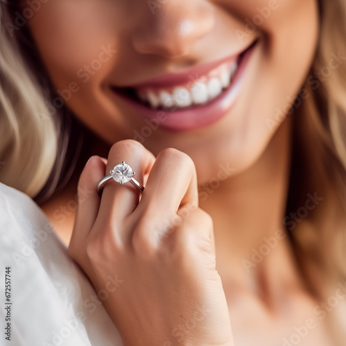 Photography of an european model showing off a diamond ring, earrings or necklace. You can use it in your advertising or other high quality prints. photo