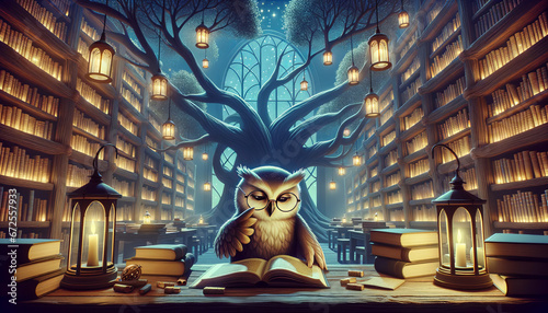 Animated art of a librarian owl, adjusting its glasses, while sorting books in a grand tree library. The scene exudes an ambient and studious atmosphere with few details.  photo
