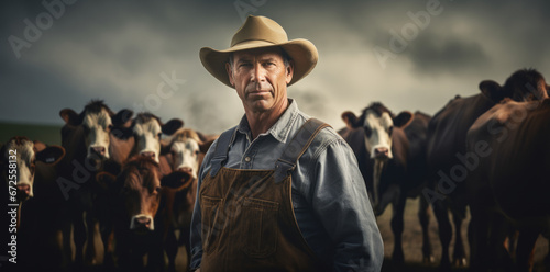 A farmer man in a field with cows