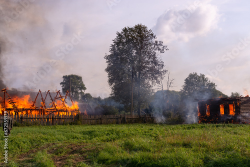 A fire in the village. Burning wooden houses in the village of Rantsevo, Tver region.