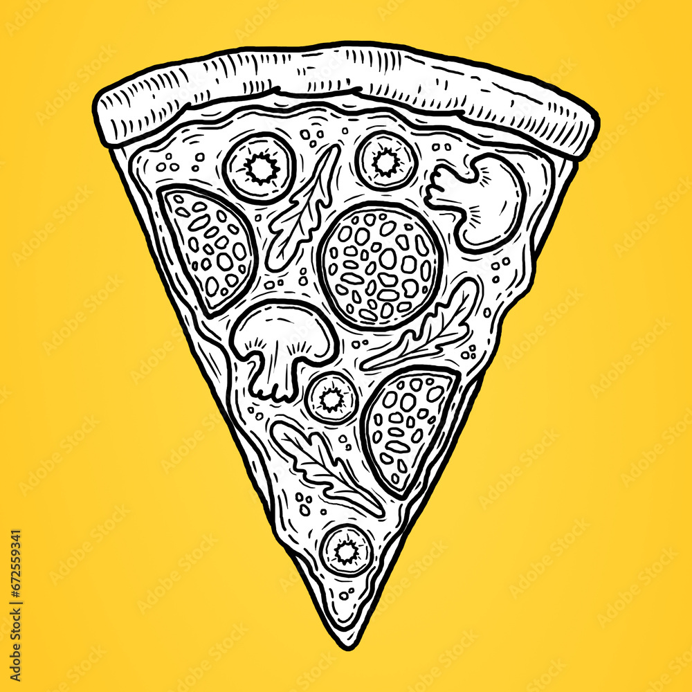 Cartoon pizza illustration black and white square yellow background