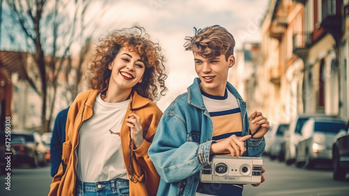 90s teens dance with boombox in the city. photo