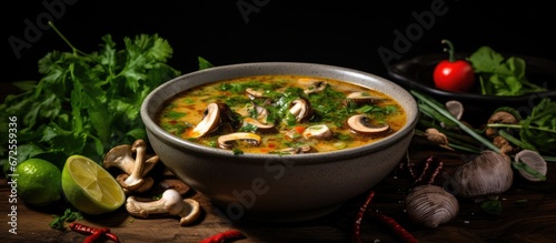 Thai style mixed vegetable and mushroom curry soup is placed on the table