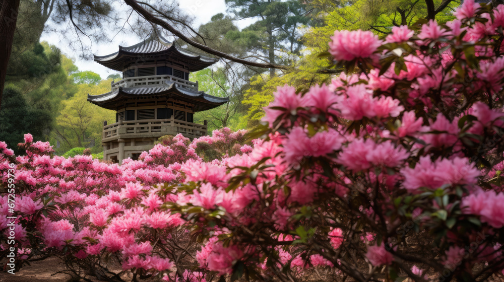 Ancient Pagoda Framed By Blooming Spring Azaleas , Background Image, Hd Ancient Pagoda Framed By Blooming Spring Azaleas , Background Image, Hd