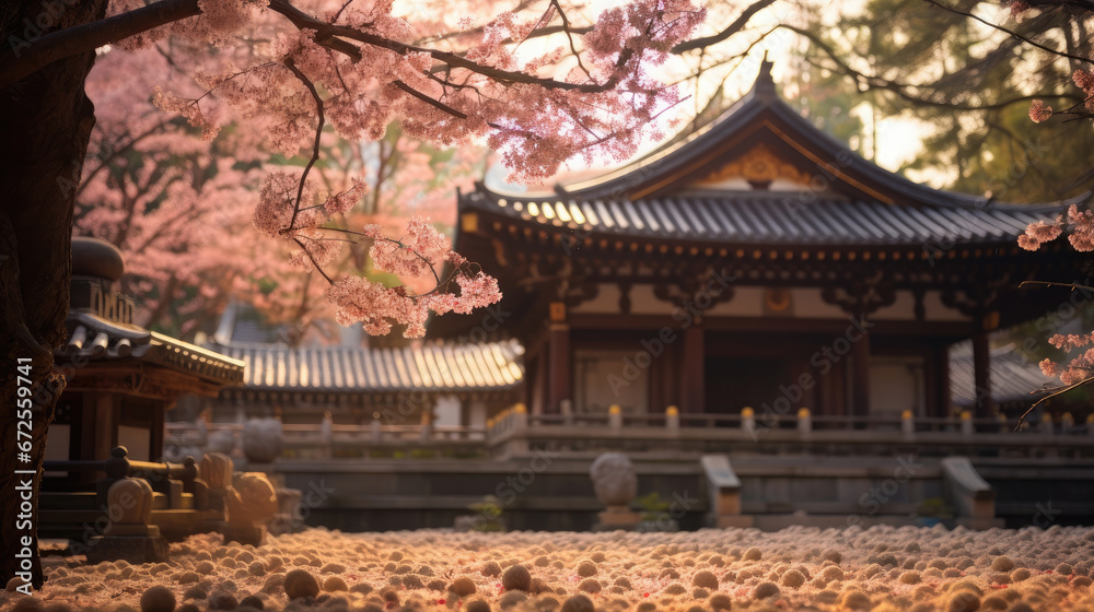 Ancient Temple Surrounded By Blooming Cherry Blossoms , Background Image, Hd