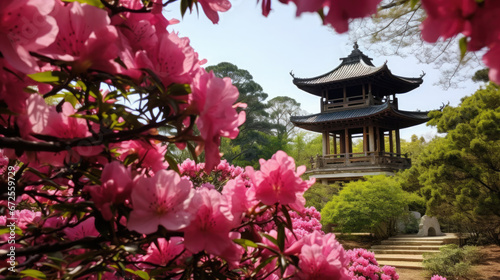 Ancient Pagoda Framed By Blooming Spring Azaleas , Background Image, Hd
