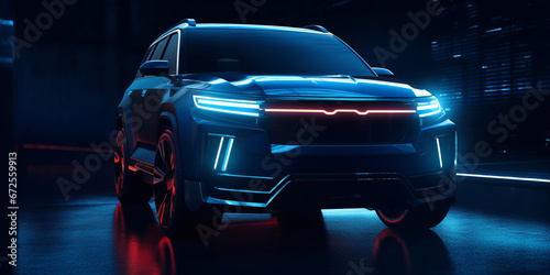 A mid sized blue tone electric city SUV that has red led running through the center line,generative ai © Suralai