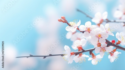 Delicate Spring Blossoms on Almond Tree Branch Against Blue Sky generated by AI tool 