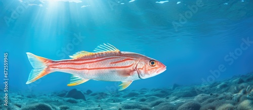 The Aegean Sea in Greece specifically Halkidiki is home to the striped red mullet or surmullet Mullus surmuletus underwater