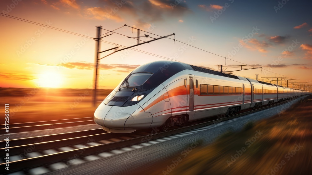 Naklejka premium High-speed train on the railway at sunset. . Concept of speed and motion. created Generative Ai