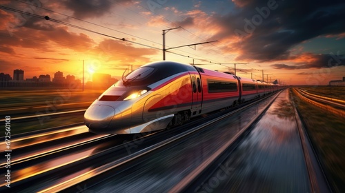 High-speed train on the railway at sunset. . Concept of speed and motion. created Generative Ai