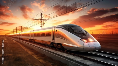 High-speed train on the railway at sunset. . Concept of speed and motion. created Generative Ai