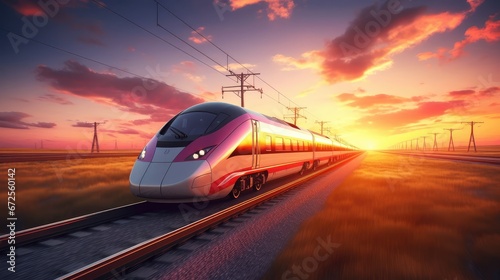 High-speed train on the railway at sunset. . Concept of speed and motion. created Generative Ai
