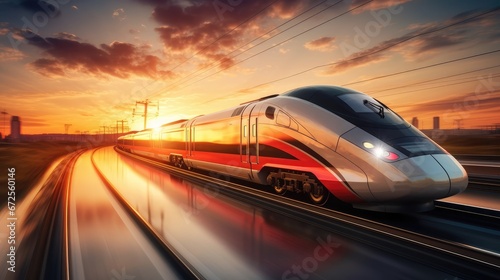 High-speed train on the railway at sunset. . Concept of speed and motion. created Generative Ai