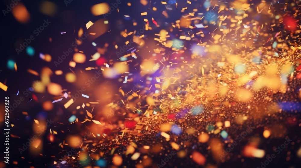 A festive and colorful party with flying neon confetti on a golden background A festive and colorful party with flying neon confetti on a golden background