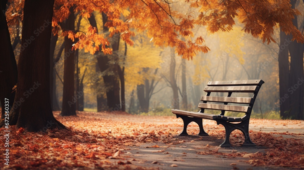 Tranquil Dawn: Relaxing Autumn Scene with an Empty Park Bench generated by AI tool 
