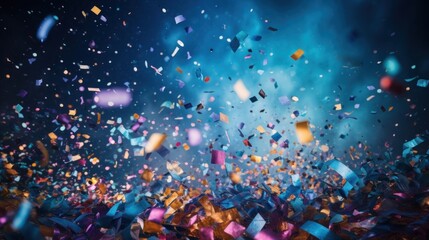A festive and colorful party with flying neon confetti on a blue background