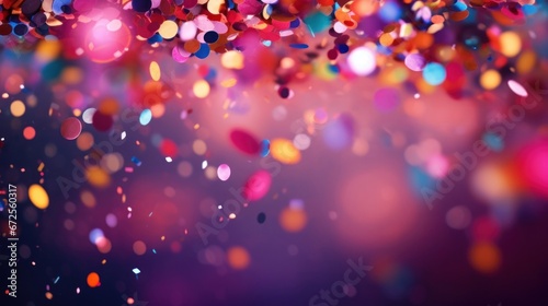 A festive and colorful party with flying neon confetti on a purple, red and blue background © tashechka