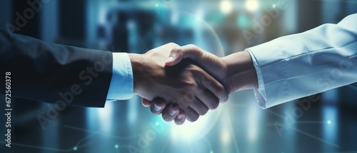 Doctor at the clinic shaking hands with his patient, concept of health care, and professionalism Doctor and patient meeting at the hospital and shaking hands; healthcare and medicine banner