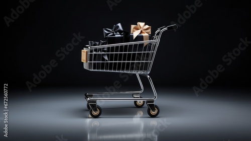 Shopping cart with black gift box on black background. Black Friday concept