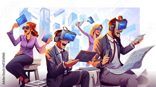  illustration in cartoon style people in vr glasses working reading news dealing with crypro currency meating with colleagues.illustration photo