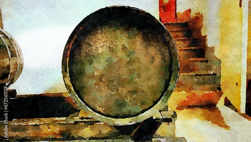 фотографія Wooden barrels inside a cellar for aging red wine, after the harvest