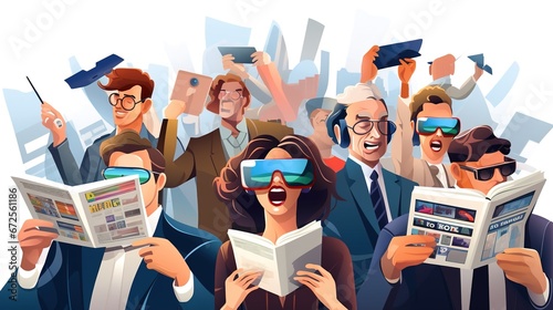  illustration in cartoon style people in vr glasses working reading news dealing with crypro currency meating with colleagues.illustration photo