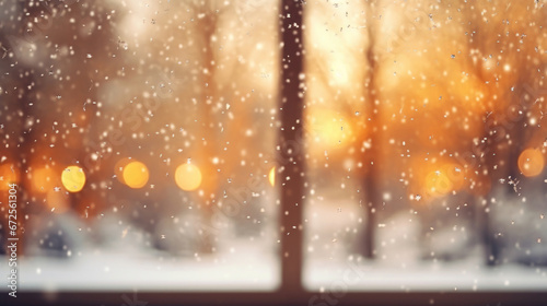 Window from inside with falling snowflakes and a Christmas bokeh background © tashechka