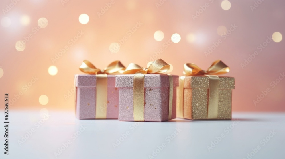 Golden gift present on a light pink background with colorful bokeh and stars glittering - obrazy, fototapety, plakaty 